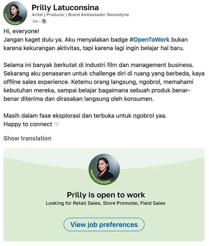 Simak profil Prilly Latuconsina, artis yang viral usai nyari loker di Linkedin. Ngaku ingin kerja di bidang sales dan keluar dari zona nyaman.