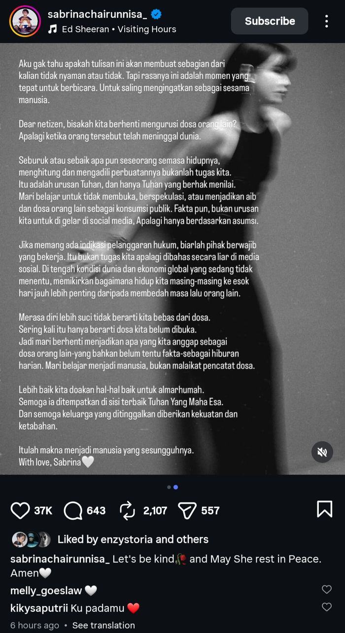 Di tengah suasana duka yang menyelimuti dunia hiburan atas meninggalnya Lula Lahfah, Sabrina menuliskan pesan menohok untuk warganet.