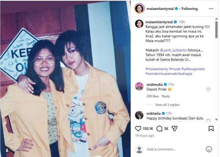 Maia Estianty membagikan foto lawas saat dirinya menjadi mahasiswa Universitas Indonesia.