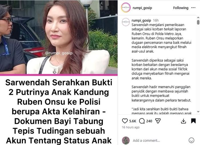 Sarwendah serahkan bukti akta kelahiran dan dokumen bayi tabung ke polisi, tak terima anaknya difirnah bukan anak Ruben Onsu.