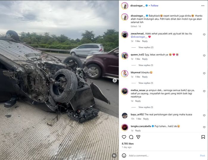 Diva Siregar membagikan kondisi mobil pasca kecelakaan.