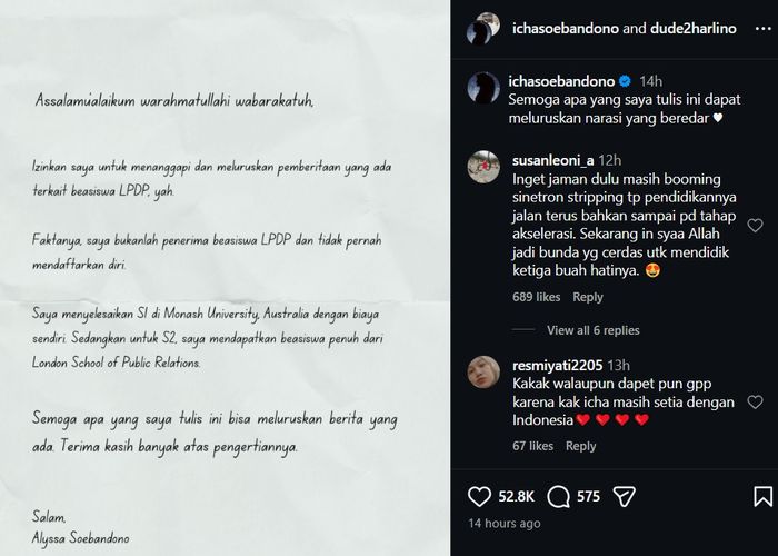 Alysa Soebandono beri klarifikasi soal isu dirinya mendapatkan beasiswa LPDP.