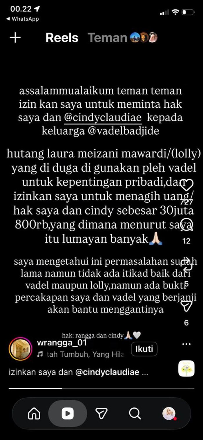 Keluarga Vadel Badjideh ditagih uang Rp30,8 juta atas utang Lolly terkait hak Cindy Claudia dan rekannya, Rangga.