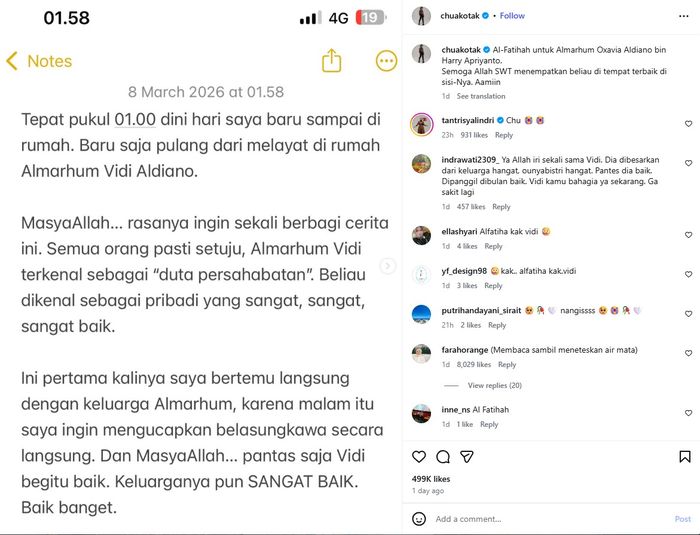 Chua Kotak bagikan kebaikan keluarga mendiang Vidi Aldiano.