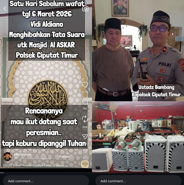 Harry Aprianto Kissowo, mengungkapkan bahwa Vidi sempat menyumbangkan seperangkat sound system untuk Masjid Al-Askar di Polsek Ciputat Timur.