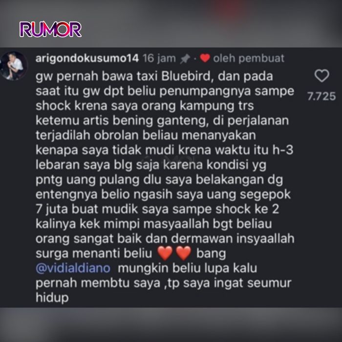 Kebaikan Vidi Aldiano dibongkar sopir taksi, ngaku pernah diberi segepok uang untuk mudik lebaran oleh sang penyanyi. 