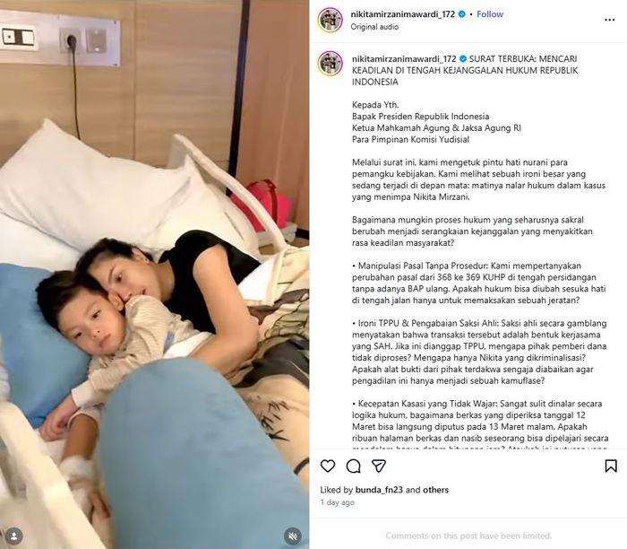 Nikita Mirzani menuliskan surat terbuka untuk Presiden, MA, Jaksa Agung RI hingga Komisi Yudisial