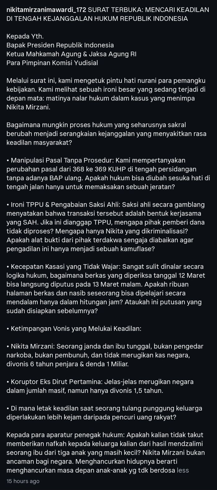 Nikita Mirzani menulis surat terbuka yang ditujukan kepada Prabowo Subianto serta sejumlah pimpinan lembaga penegak hukum.