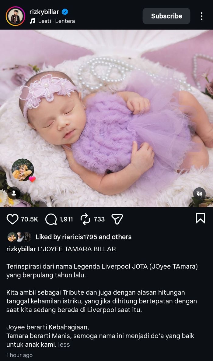 Lesti Kejora dan Rizky Billar akhirnya memperlihatkan wajah anak ketiga mereka kepada publik.