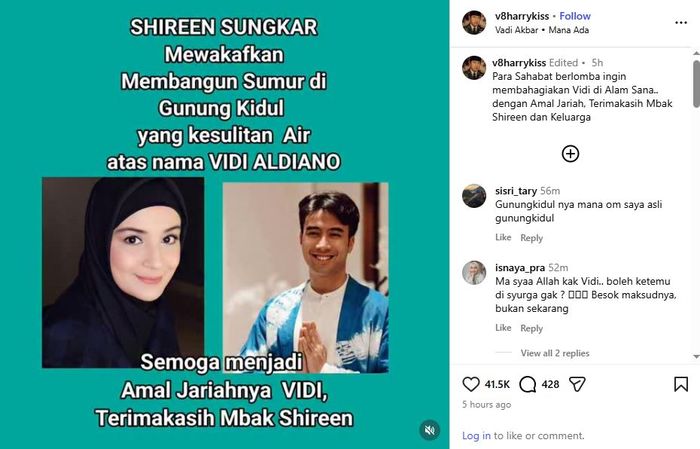 Shireen Sungkar mewakafkan pembangunan sumur di wilayah yang mengalami kesulitan air bersih, yakni Gunung Kidul, Yogyakarta atas nama Vidi Aldiano.