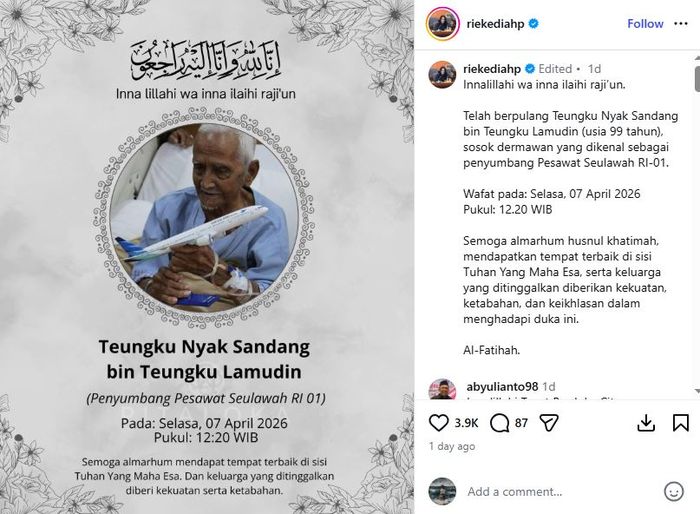 Rieke Diah Pitaloka berduka atas meninggalnya Nyak Sandang, sang politisi kirim doa haru untuk penyumbang pesawat pertama RI. 