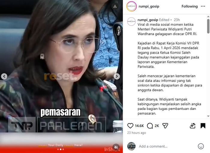 Kronologi Menteri Pariwisata Widiyanti Putri Disemprot Ketua Komisi VII DPR RI, bingung saat dicecar perihal anggaran. 