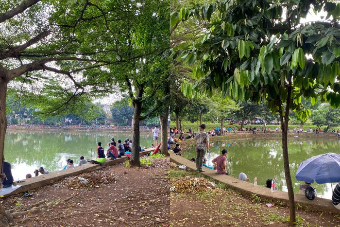Puluhan warga memadati tepi danau di kawasan TPU Tanah Kusir, Jakarta Selatan, setelah Harry Kiss bersama Besbarini menebar ribuan ikan di lokasi tersebut.