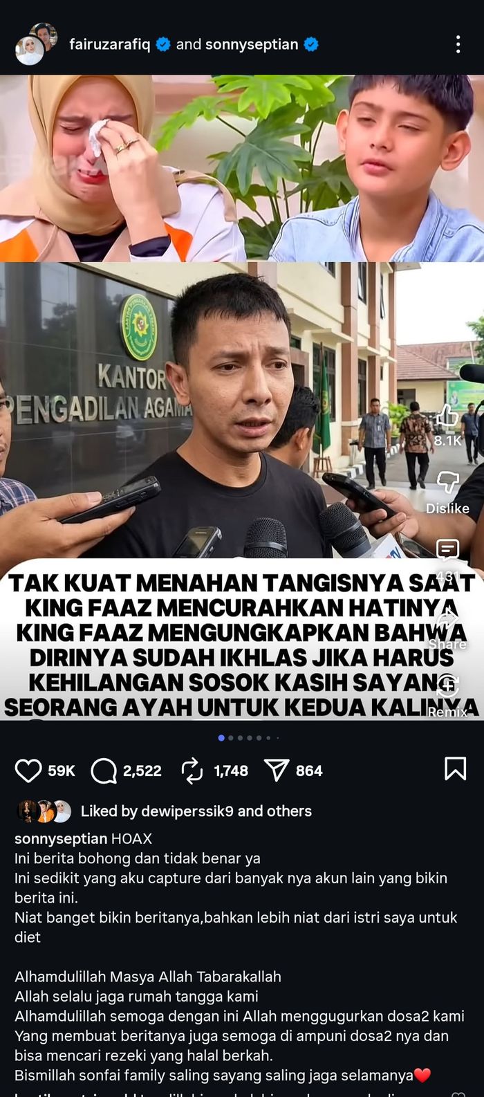 Klarifikasi Sonny Septian soal isu cerai dengan Fairuz A. Rafiq.