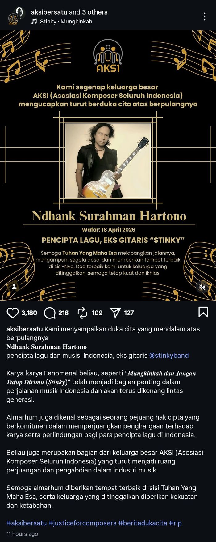 Ucapan belasungkawa atas meninggalnya Ndhank, mantan gitaris Stinky.