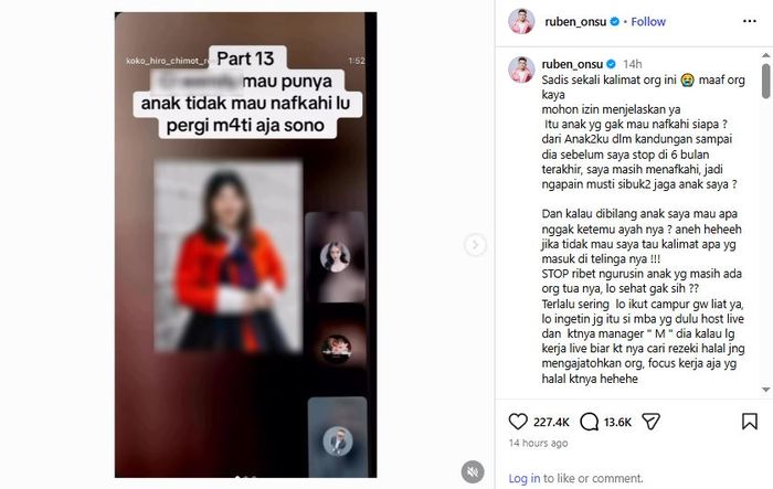 Unggahan Instagram Ruben Onsu yang sakit hati dengar sindiran adik Sarwendah, Wendy Lo.