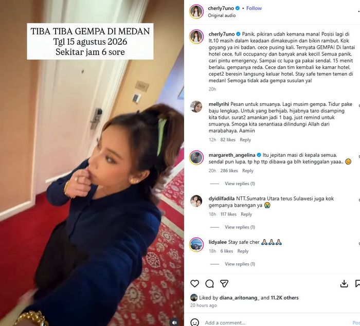 Kronologi Cherly Eks Cherrybelle alami gempa di Medan, nekat lari turuni tangga 10 lantai tanpa alas kaki.