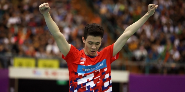 Ekspresi tunggal putra Malaysia, Lee Zii Jia, setelah memenangi Chinese Taipei Open 2018 pada Minggu