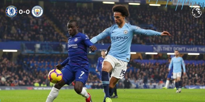 Gelandang Chelsea, N'Golo Kante (kiri), berduel dengan penyerang Manchester City, Leroy Sane, dalam 