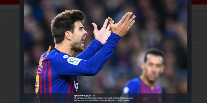 Gerard Pique setelah gawang Barcelona kebobolan dari Real Betis pada laga Liga Spanyol pekan ke-12, 