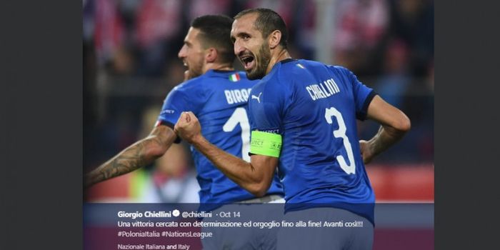 Bek dan kapten timnas Italia, Giorgio Chiellini, berselebrasi dalam laga UEFA Nations League kontra 