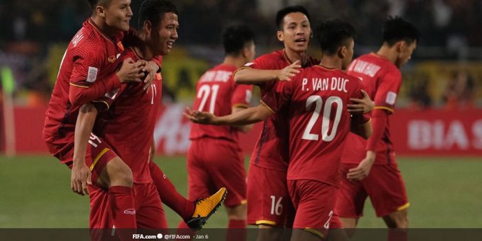 Para pemain timnas Vietnam merayakan gol mereka di Piala Asia 2019.