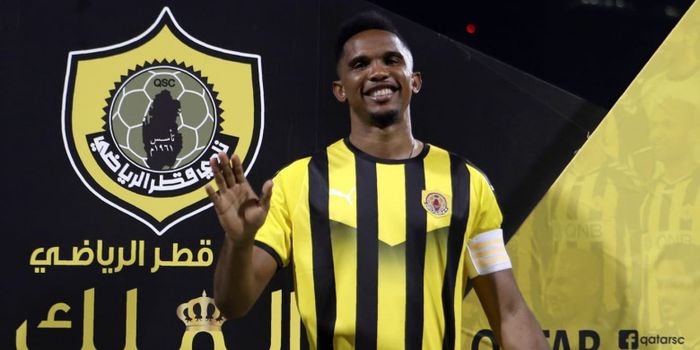 Samuel Eto'o saat secara resmi diperkenalkan sebagai pemain anyar klub Liga Qatar, Qatar SC, dalam s