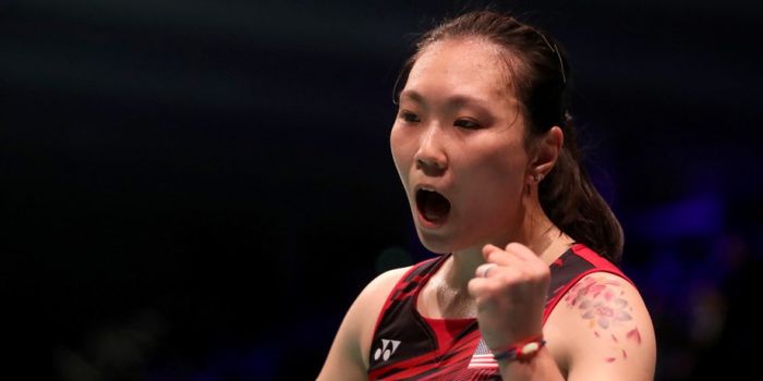 Ekspresi Zhang Beiwen setelah mengalahkan Vaishnavi Reddy Jakka di Korea Open 2018, Rabu (26/9/2018)