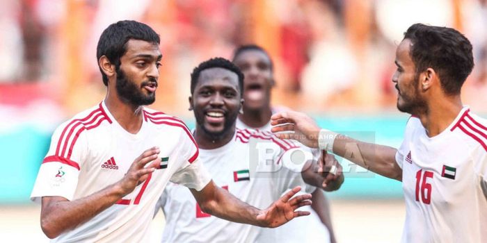  Selebrasi pemain Uni Emirat Arab, Zayed Al Ameri, seusai membobol gawang tim nasional U-23 Indonesia  dalam pertandigan Asian Games 2018.