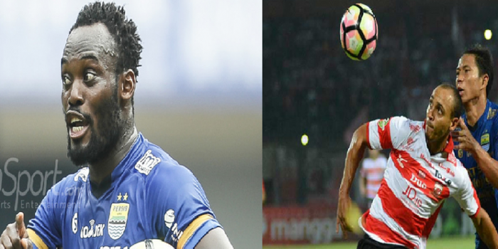 Michael Essien, mantan pemain Persib Bandung dan Peter Odemwingie, pemain Madura United