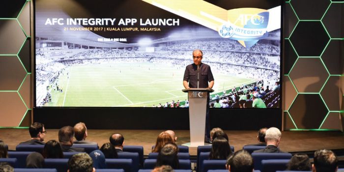 Presiden AFC,  Shaikh Salman bin Ebrahim Al Khalifa, berpidato dalam acara peluncuran AFC Integrity 