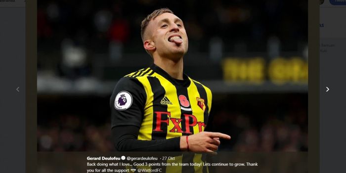 Aksi gelandang Watford, Gerard Deulofeu, pada laga Liga Inggris kontra Huddersfield Town