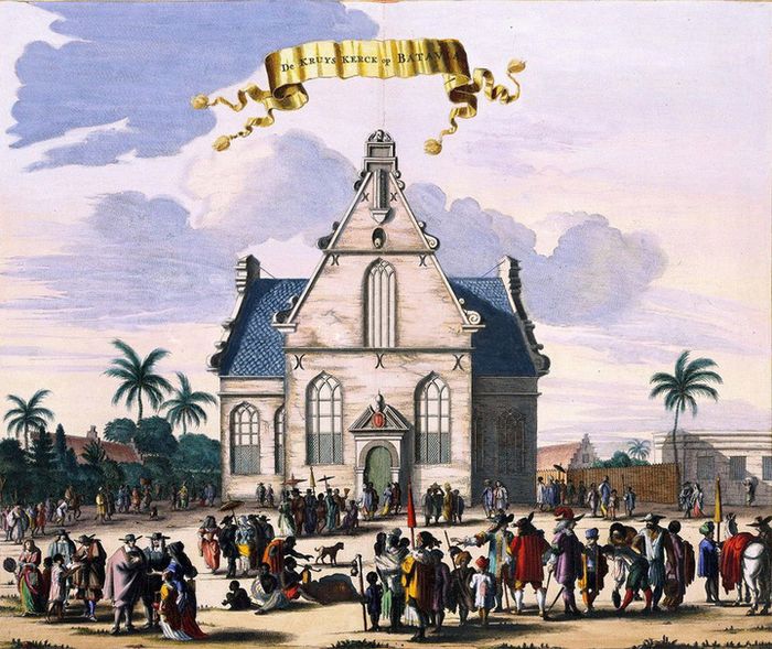 Kruiskerk atau Gereja Salib di Batavia pada abad ke-17 karya Johan Nieuhof (1618-1672). Gereja ini dibangun pada 1632, sebagai gereja pertama di luar Kastil Batavia. Tampak warga Batavia, berikut dengan perempuan dan budak yang membawa parasol. Di gereja ini Kapten Fran&ccedil;ois Tack dikebumikan kembali di dalam makam keluarga mertuanya, Pieter Janse van Hoorn. 