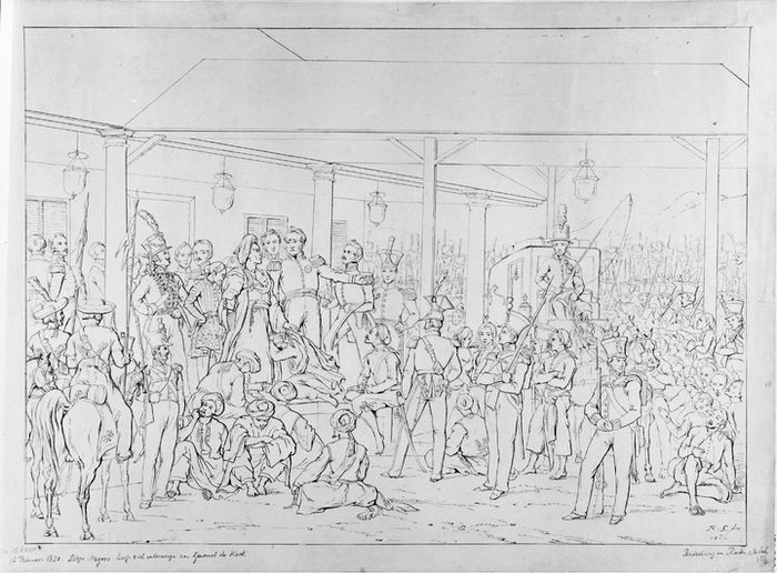 Sketsa Penangkapan Dipanagara karya Raden Saleh. Berdasar sketsa inilah RAden Saleh melukis adikaryanya yang kini tersimpan di Istana Kepresidenan Republik Indonesia.