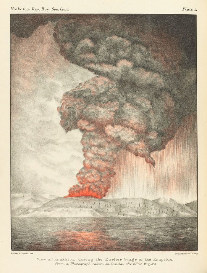 Pemandangan Gunung Krakatau kala erupsi, sketsa berdasarkan foto yang terekam pada 27 Mei 1883. Kita
