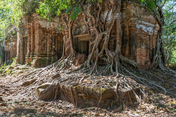 Candi Khmer di Kamboja. Sistem sentralisasi pertanian menjadi faktor runtuhnya peradaban Khmer alih-alih meningkatkan kesejahteraan rakyat.