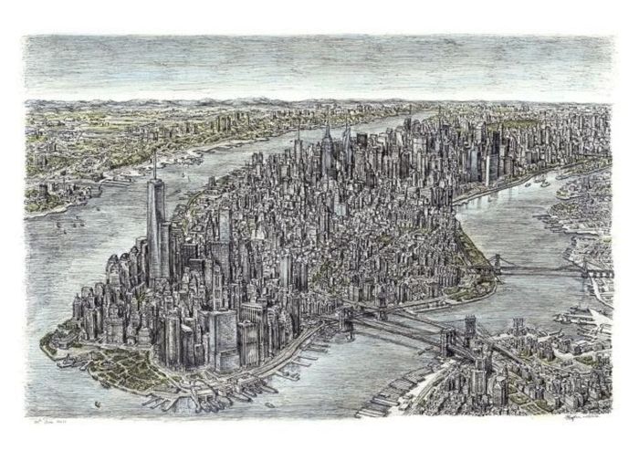 NEW YORK , NEW YORK Wiltshire menggambar gambar langit Manhatten ini setelah naik helikopter selama