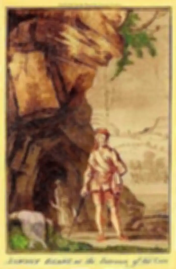 Ilustrasi sosok Sawney Bean berdiri di depan gua tempat tinggalnya.