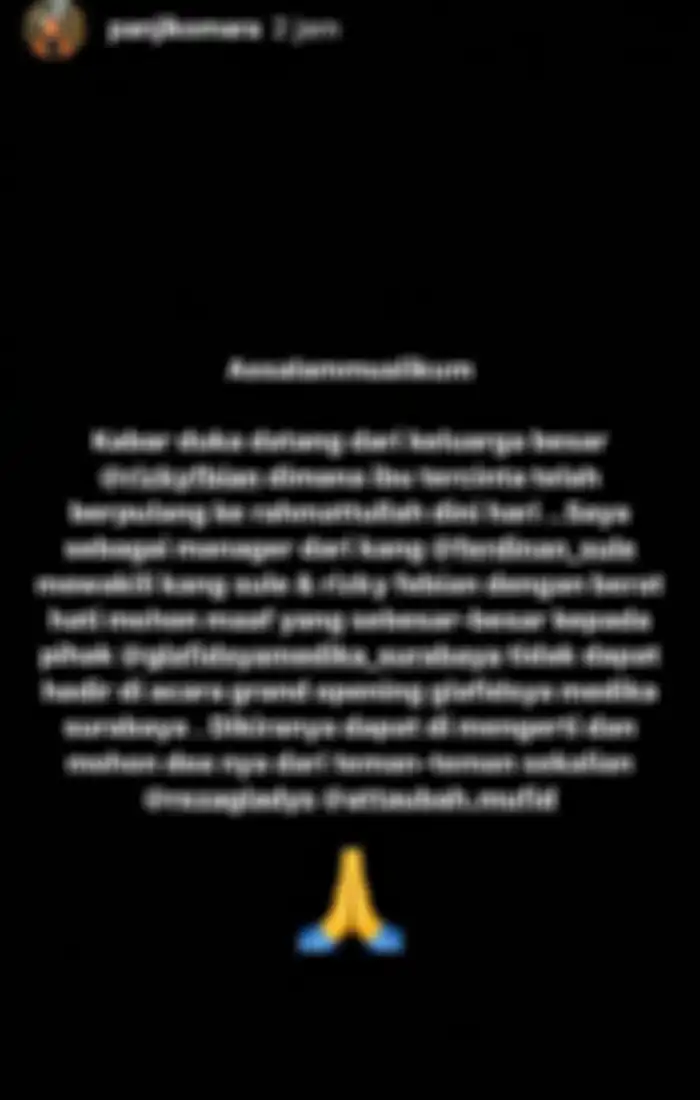 Insta story manajer Sule yang menyampaikan duka cita atas meninggalnya ibunda Rizky Febian, Lina