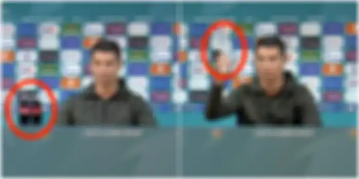 Aksi Cristiano Ronaldo saat menyingkirkan botol Coca-Cola dan mengangkat botol air mineral