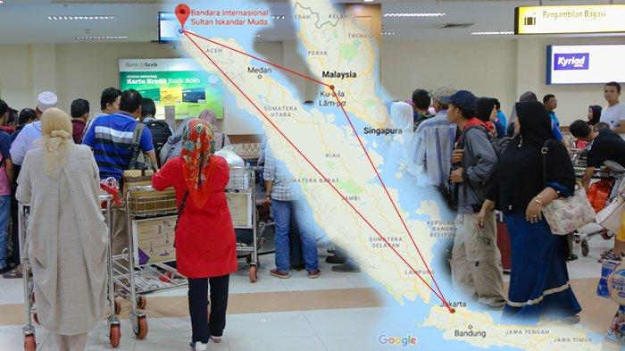 Kolase foto suasana di terminal keberangkatan Bandara SIM Blangbintang Aceh Besar dan peta jalur pen