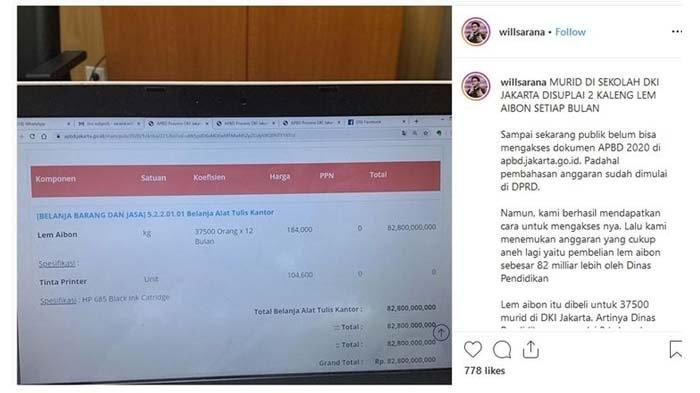 Pemprov menganggarkan Rp 82 miliar untuk pembelian lem Aibon dalam program belanja alat tulis kantor untuk SD Negeri di Jakarta Barat tahun 2020. Hal itu disampaikan anggota DPRD DKI, William Aditya Sarana dalam akun Instagramnya @willsarana. 
