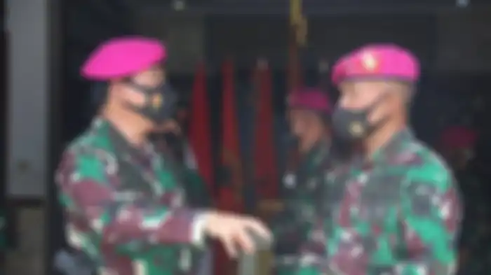 Panglima TNI Marsekal TNI Dr. (H.C.) Hadi Tjahjanto, S.I.P. dan Dankormar) Mayor Jenderal TNI (Mar) Suhartono, M.Tr (Han) memeriksa anggota Korps Marinir di Bhumi Marinir Cilandak Jakarta Selatan, Kamis (19/11/2020). 