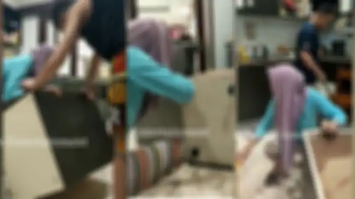 Potret Angelina Sondakh perbaiki perabotan rumah 