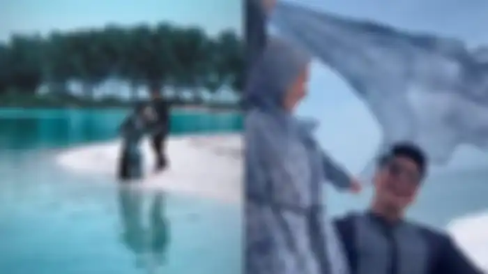 Nathalie Holscher pemotretan berdua bersama Frans Faisal memakai baju couple di kawasan pantai.