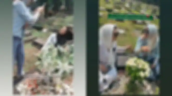 Kebersamaan Angelina Sondakh dan Reza Artamevia bersama anak-nak mereka di makam Adjie Massaid. 