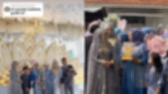 Viral penampilan calon mertua dan kakak ipar seorang pengantin perempuan dalam acara resepsi pernikahan di Cigondewah, Bandung bertabur emas. 