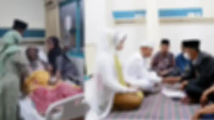 Pasangan pengantin Windy Siskha Meilani (26) dan Mahardika Ian Pratama (28) melangsungkan akad nikah disaksikan ayah Windy, Imam, yang menjalani perawatan di Rumah Sakit Keluarga Sehat (KSH) Pati, Selasa (2/1/2024).  