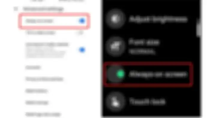 Tampilan menu setting layar untuk always on diplay di WearOS (Kiri) dan Oppo Watch (kanan)