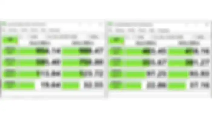 Hasil benchmark WD My Passport SSD 1TB Dengan USB-C Thunderbolt 3 (Kiri) VS USB-A converter (Kanan)